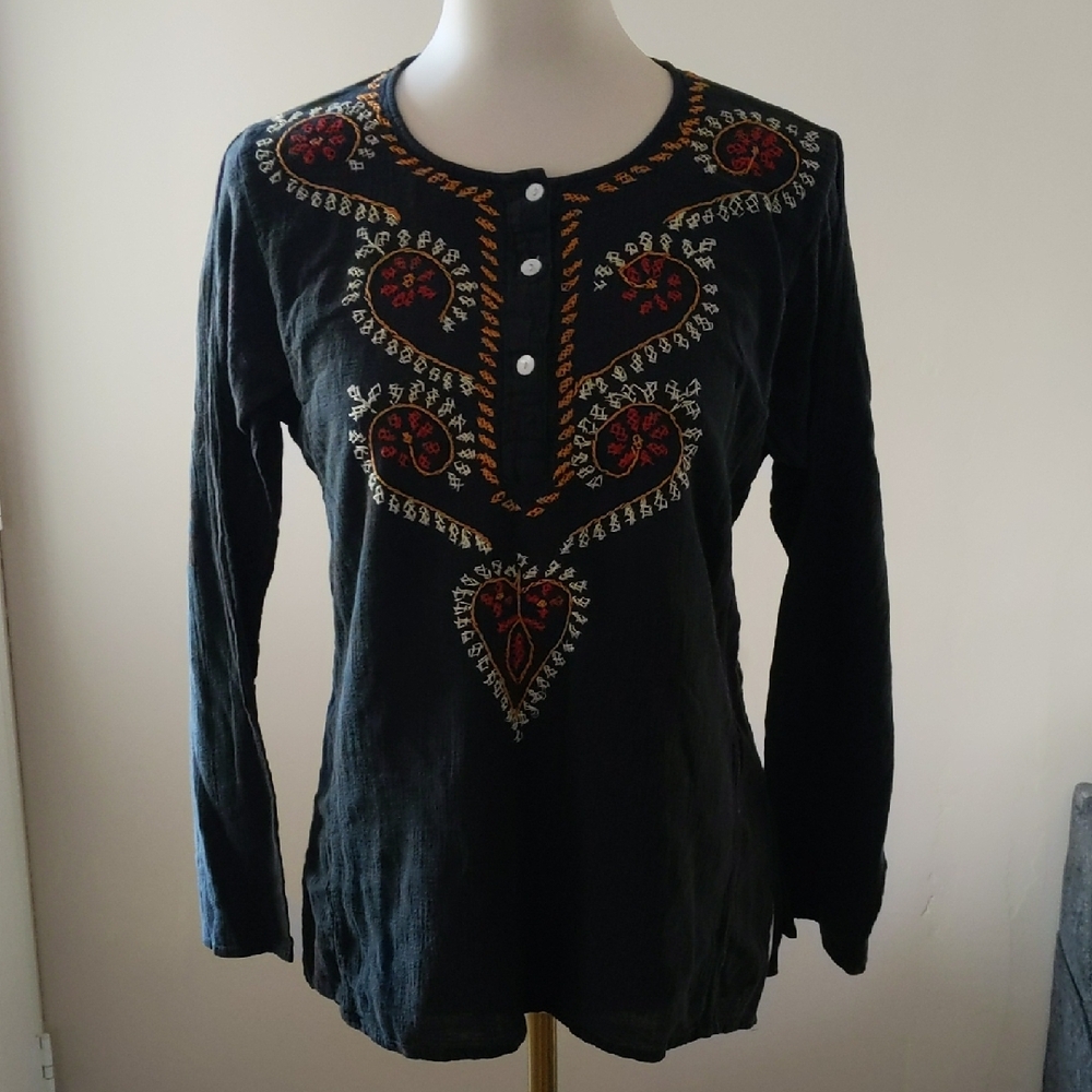 Boho Embroidered Black Top
